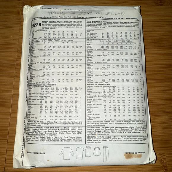 Vintage 1991 McCall's Womens pattern 5228 Size 16-18 uncut - Picture 3 of 5